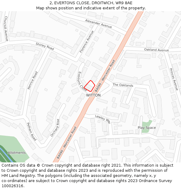 2, EVERTONS CLOSE, DROITWICH, WR9 8AE: Location map and indicative extent of plot