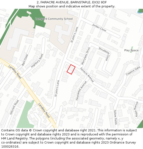 2, FAIRACRE AVENUE, BARNSTAPLE, EX32 9DF: Location map and indicative extent of plot