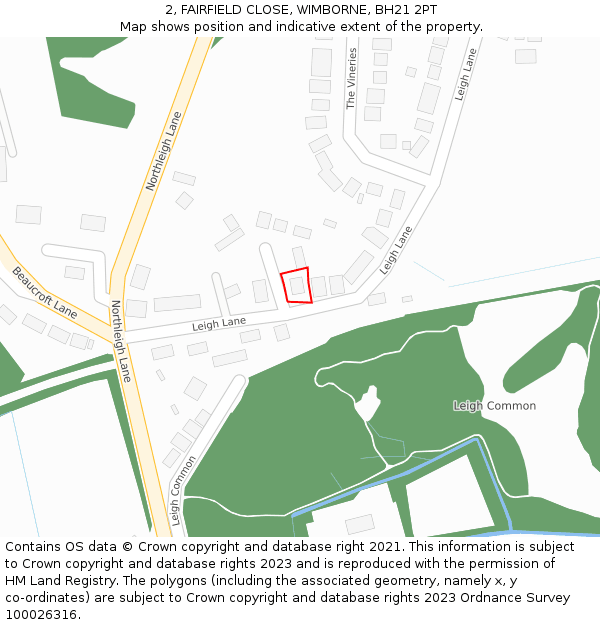 2, FAIRFIELD CLOSE, WIMBORNE, BH21 2PT: Location map and indicative extent of plot