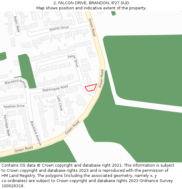 2, FALCON DRIVE, BRANDON, IP27 0UD: Location map and indicative extent of plot