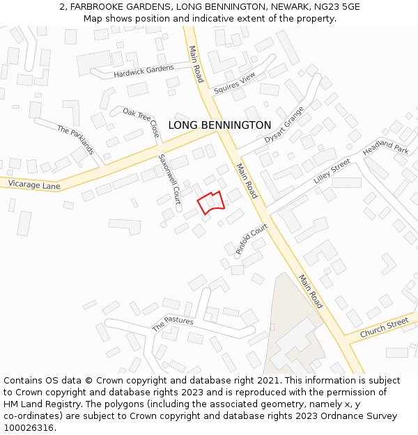 2, FARBROOKE GARDENS, LONG BENNINGTON, NEWARK, NG23 5GE: Location map and indicative extent of plot