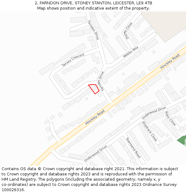 2, FARNDON DRIVE, STONEY STANTON, LEICESTER, LE9 4TB: Location map and indicative extent of plot