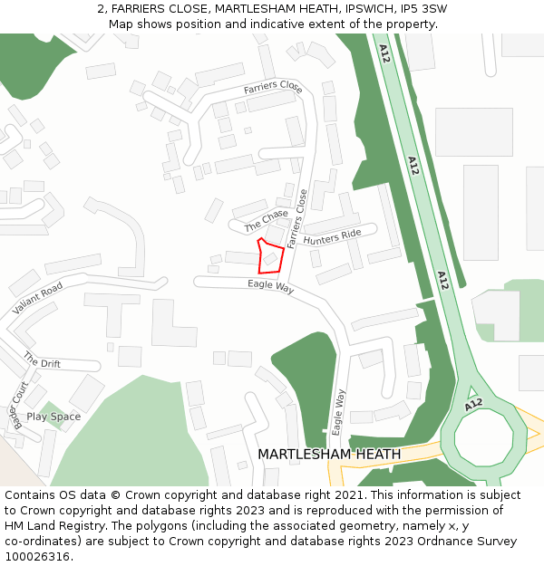 2, FARRIERS CLOSE, MARTLESHAM HEATH, IPSWICH, IP5 3SW: Location map and indicative extent of plot