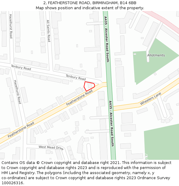 2, FEATHERSTONE ROAD, BIRMINGHAM, B14 6BB: Location map and indicative extent of plot