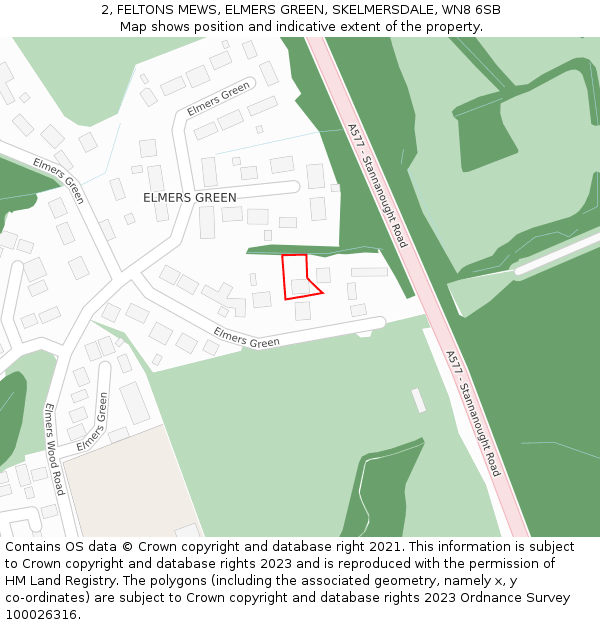 2, FELTONS MEWS, ELMERS GREEN, SKELMERSDALE, WN8 6SB: Location map and indicative extent of plot