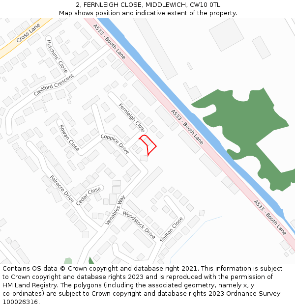 2, FERNLEIGH CLOSE, MIDDLEWICH, CW10 0TL: Location map and indicative extent of plot