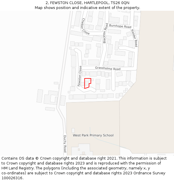 2, FEWSTON CLOSE, HARTLEPOOL, TS26 0QN: Location map and indicative extent of plot