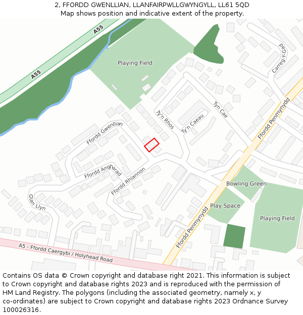 2, FFORDD GWENLLIAN, LLANFAIRPWLLGWYNGYLL, LL61 5QD: Location map and indicative extent of plot