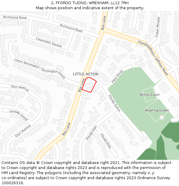 2, FFORDD TUDNO, WREXHAM, LL12 7RH: Location map and indicative extent of plot