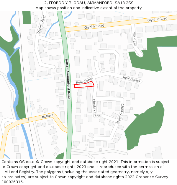 2, FFORDD Y BLODAU, AMMANFORD, SA18 2SS: Location map and indicative extent of plot