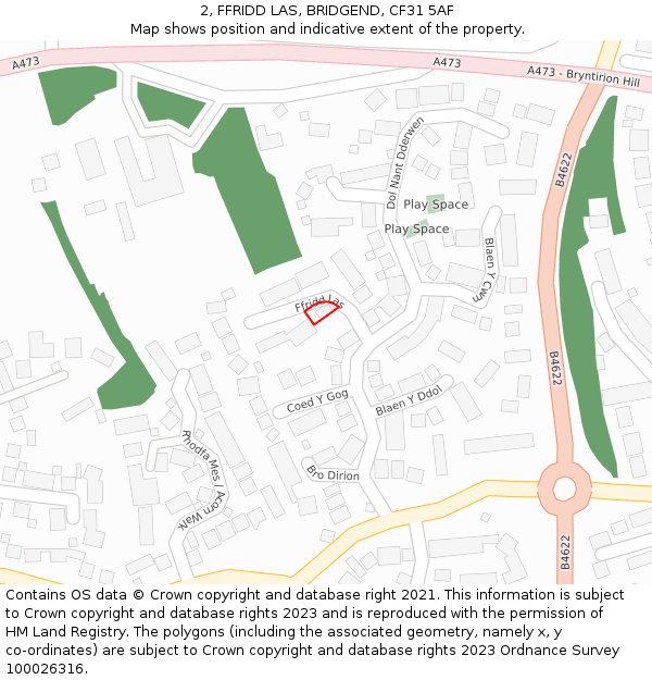 2, FFRIDD LAS, BRIDGEND, CF31 5AF: Location map and indicative extent of plot