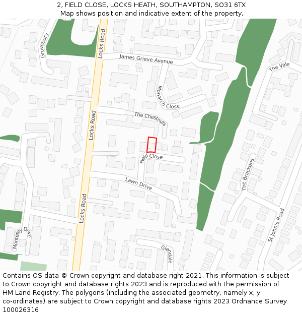 2, FIELD CLOSE, LOCKS HEATH, SOUTHAMPTON, SO31 6TX: Location map and indicative extent of plot