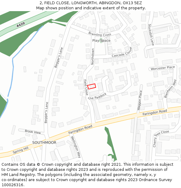 2, FIELD CLOSE, LONGWORTH, ABINGDON, OX13 5EZ: Location map and indicative extent of plot