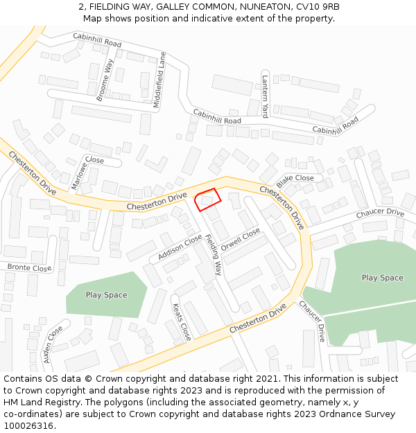 2, FIELDING WAY, GALLEY COMMON, NUNEATON, CV10 9RB: Location map and indicative extent of plot