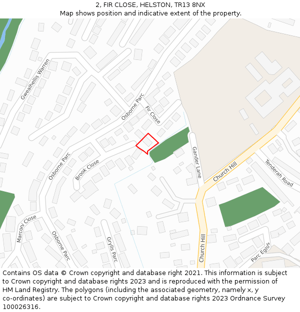 2, FIR CLOSE, HELSTON, TR13 8NX: Location map and indicative extent of plot