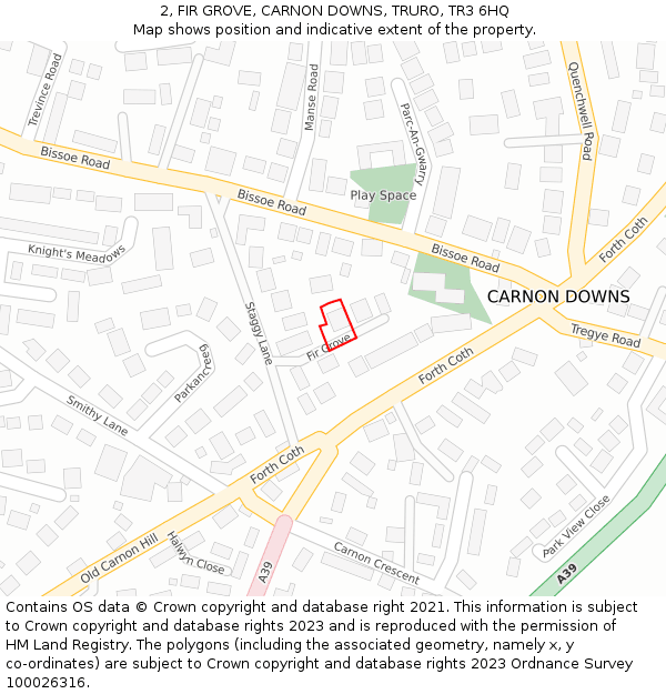 2, FIR GROVE, CARNON DOWNS, TRURO, TR3 6HQ: Location map and indicative extent of plot