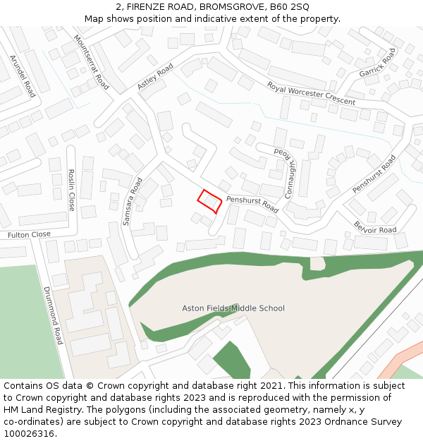 2, FIRENZE ROAD, BROMSGROVE, B60 2SQ: Location map and indicative extent of plot