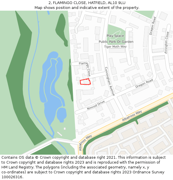 2, FLAMINGO CLOSE, HATFIELD, AL10 9LU: Location map and indicative extent of plot