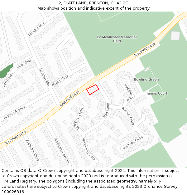 2, FLATT LANE, PRENTON, CH43 2GJ: Location map and indicative extent of plot