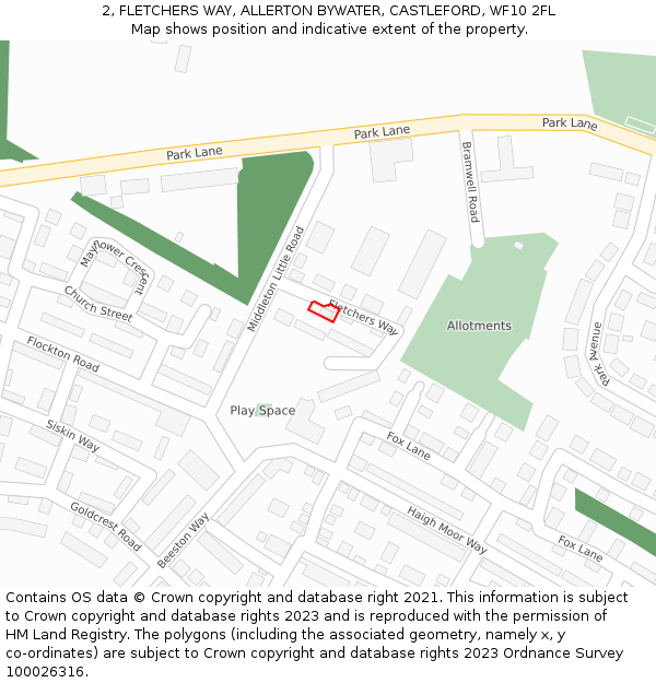 2, FLETCHERS WAY, ALLERTON BYWATER, CASTLEFORD, WF10 2FL: Location map and indicative extent of plot