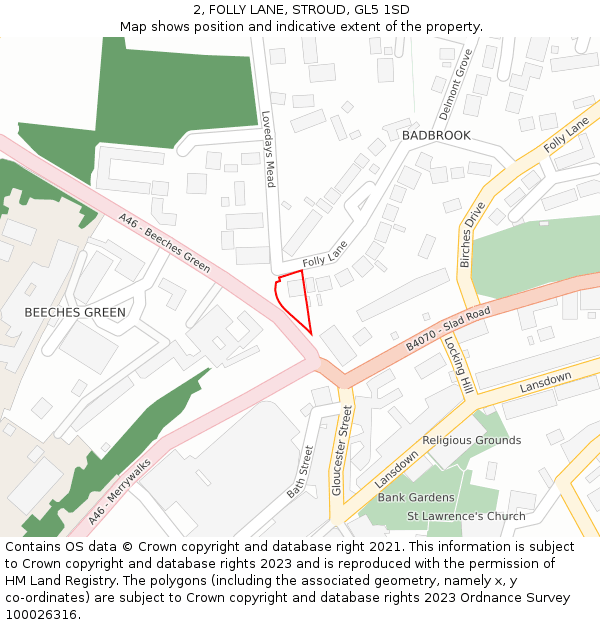 2, FOLLY LANE, STROUD, GL5 1SD: Location map and indicative extent of plot