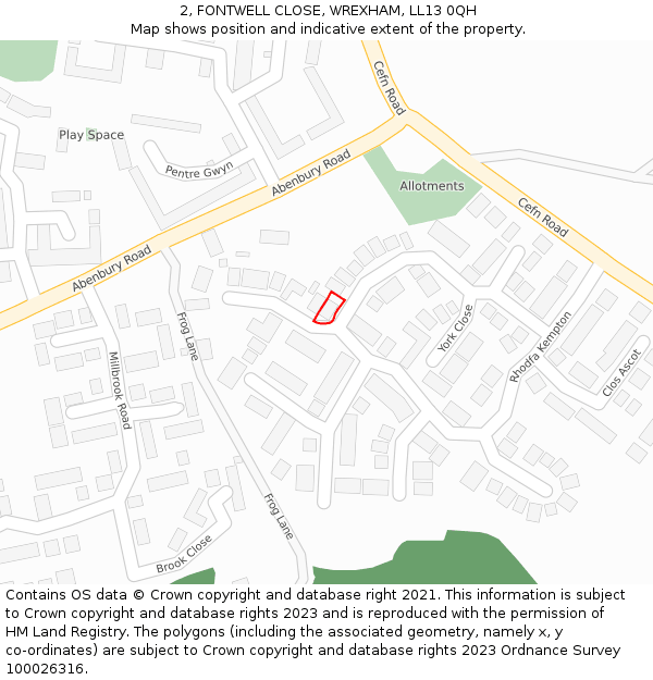 2, FONTWELL CLOSE, WREXHAM, LL13 0QH: Location map and indicative extent of plot