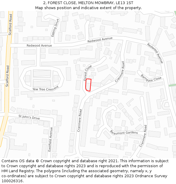 2, FOREST CLOSE, MELTON MOWBRAY, LE13 1ST: Location map and indicative extent of plot