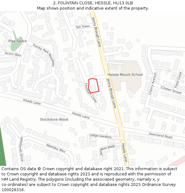 2, FOUNTAIN CLOSE, HESSLE, HU13 0LB: Location map and indicative extent of plot