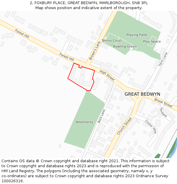 2, FOXBURY PLACE, GREAT BEDWYN, MARLBOROUGH, SN8 3PL: Location map and indicative extent of plot