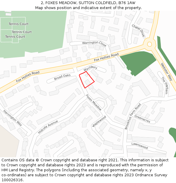 2, FOXES MEADOW, SUTTON COLDFIELD, B76 1AW: Location map and indicative extent of plot