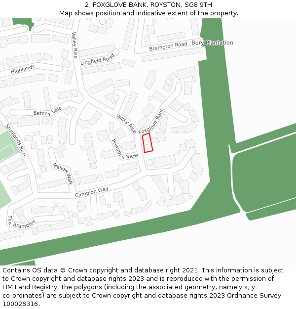 2, FOXGLOVE BANK, ROYSTON, SG8 9TH: Location map and indicative extent of plot