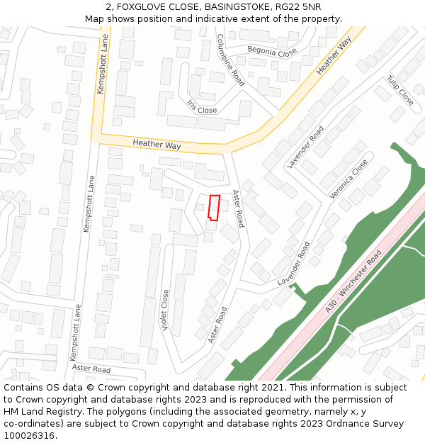 2, FOXGLOVE CLOSE, BASINGSTOKE, RG22 5NR: Location map and indicative extent of plot