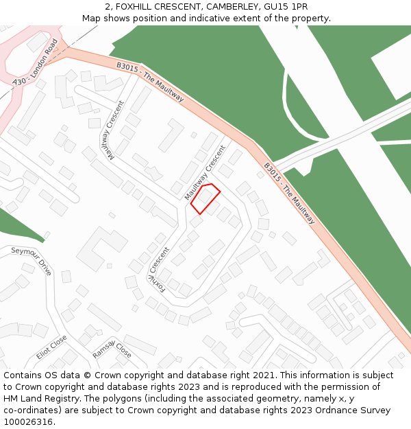 2, FOXHILL CRESCENT, CAMBERLEY, GU15 1PR: Location map and indicative extent of plot