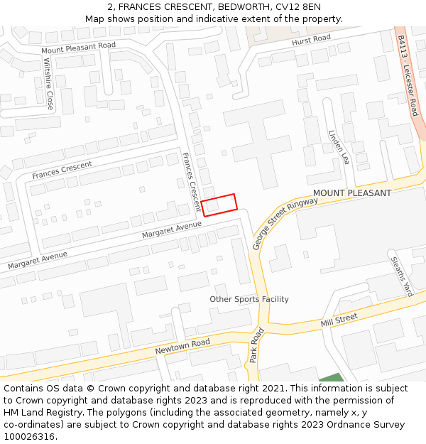 2, FRANCES CRESCENT, BEDWORTH, CV12 8EN: Location map and indicative extent of plot