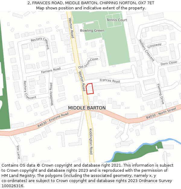 2, FRANCES ROAD, MIDDLE BARTON, CHIPPING NORTON, OX7 7ET: Location map and indicative extent of plot