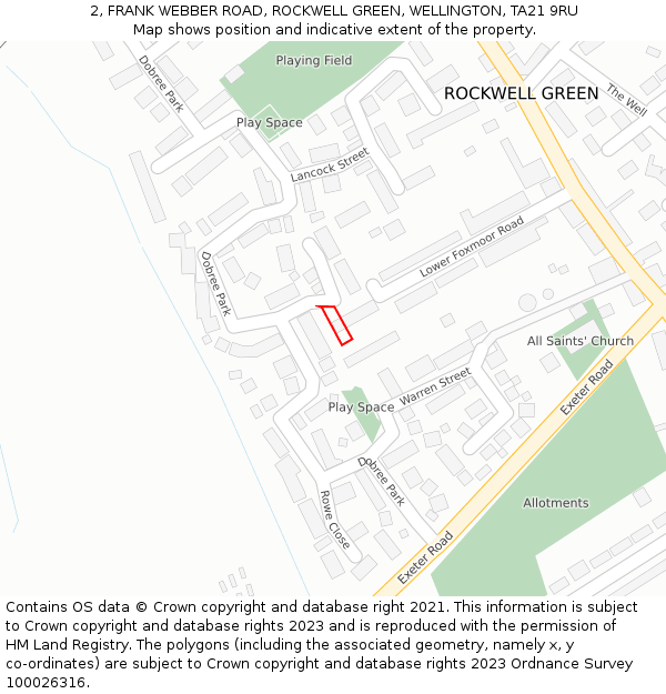 2, FRANK WEBBER ROAD, ROCKWELL GREEN, WELLINGTON, TA21 9RU: Location map and indicative extent of plot