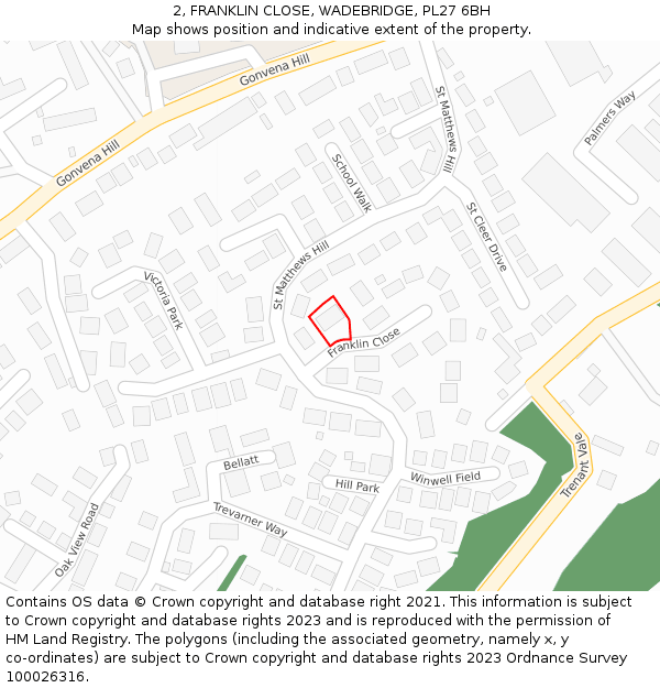 2, FRANKLIN CLOSE, WADEBRIDGE, PL27 6BH: Location map and indicative extent of plot