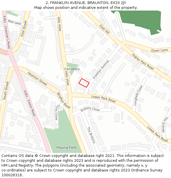 2, FRANKLYN AVENUE, BRAUNTON, EX33 2JY: Location map and indicative extent of plot