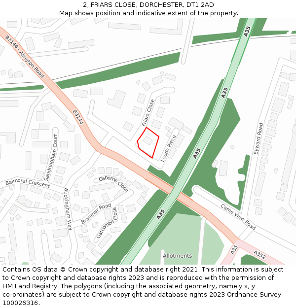 2, FRIARS CLOSE, DORCHESTER, DT1 2AD: Location map and indicative extent of plot