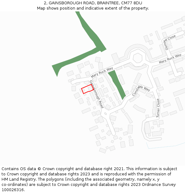 2, GAINSBOROUGH ROAD, BRAINTREE, CM77 8DU: Location map and indicative extent of plot
