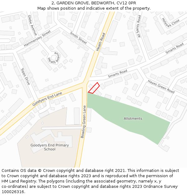 2, GARDEN GROVE, BEDWORTH, CV12 0PR: Location map and indicative extent of plot