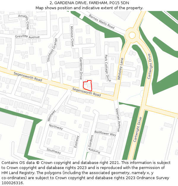 2, GARDENIA DRIVE, FAREHAM, PO15 5DN: Location map and indicative extent of plot