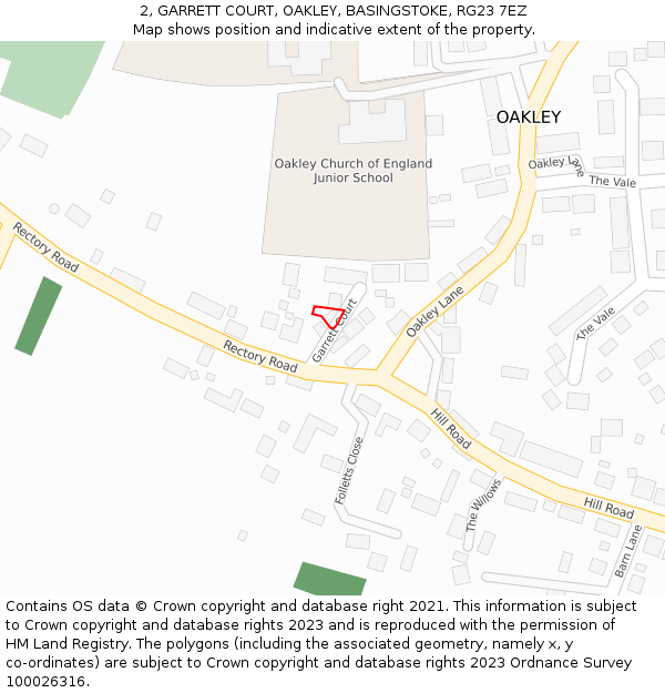 2, GARRETT COURT, OAKLEY, BASINGSTOKE, RG23 7EZ: Location map and indicative extent of plot