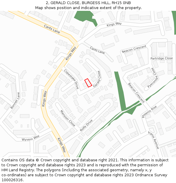 2, GERALD CLOSE, BURGESS HILL, RH15 0NB: Location map and indicative extent of plot