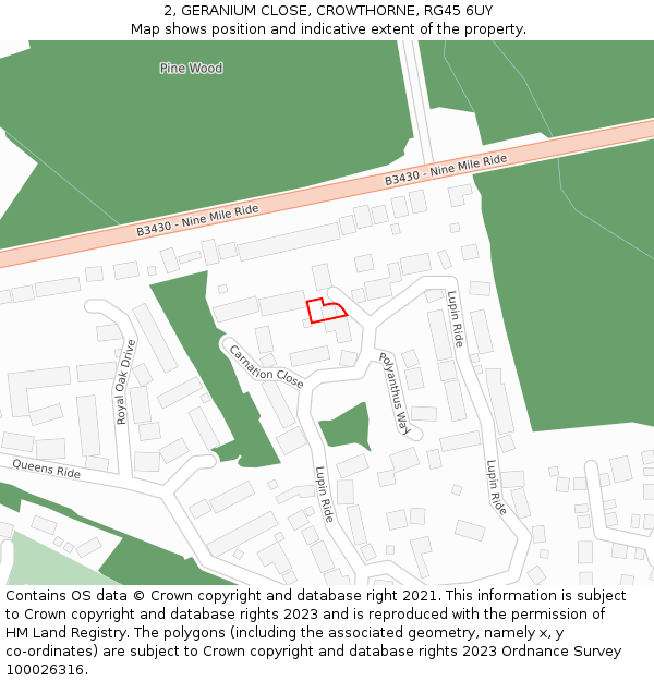 2, GERANIUM CLOSE, CROWTHORNE, RG45 6UY: Location map and indicative extent of plot