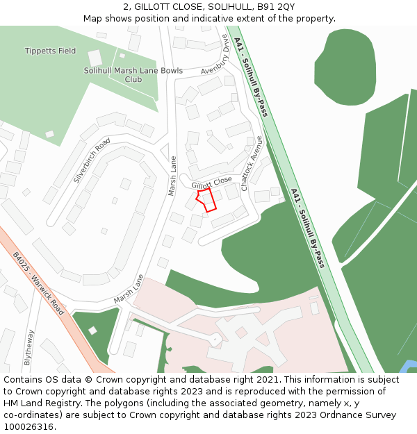 2, GILLOTT CLOSE, SOLIHULL, B91 2QY: Location map and indicative extent of plot