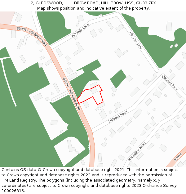 2, GLEDSWOOD, HILL BROW ROAD, HILL BROW, LISS, GU33 7PX: Location map and indicative extent of plot