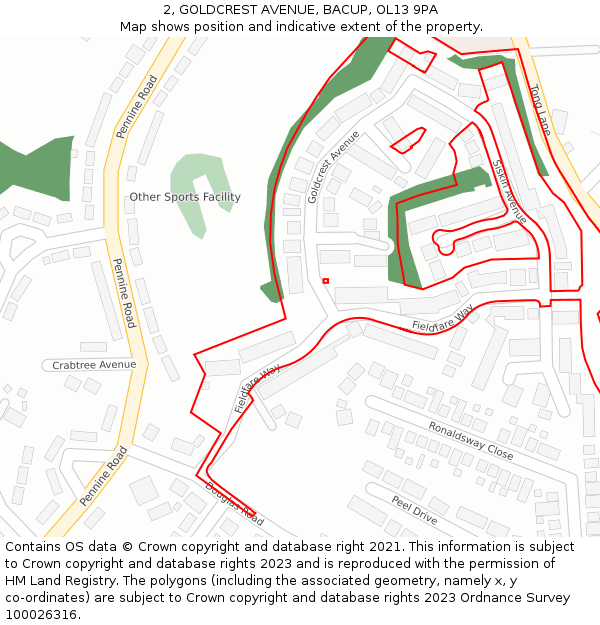 2, GOLDCREST AVENUE, BACUP, OL13 9PA: Location map and indicative extent of plot