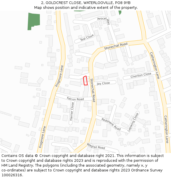 2, GOLDCREST CLOSE, WATERLOOVILLE, PO8 9YB: Location map and indicative extent of plot