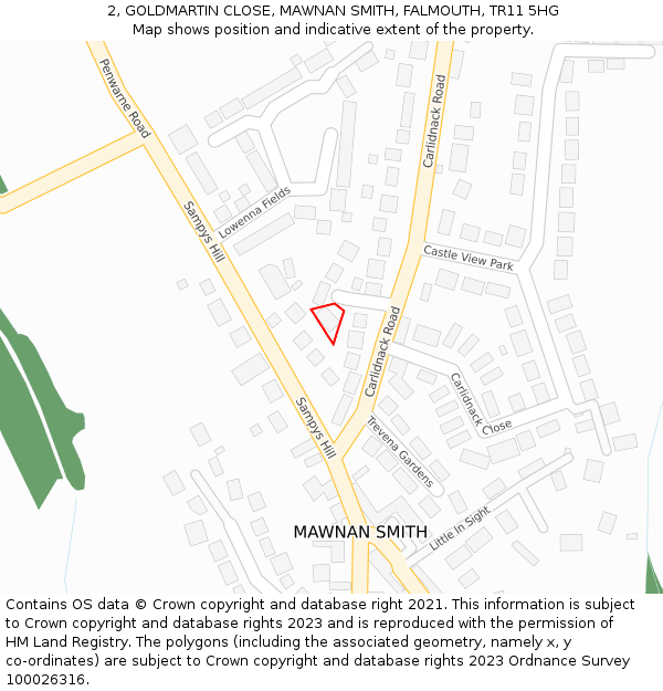 2, GOLDMARTIN CLOSE, MAWNAN SMITH, FALMOUTH, TR11 5HG: Location map and indicative extent of plot